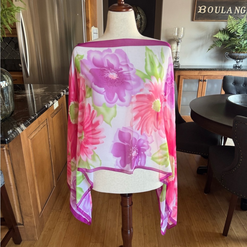 Floral Sheer Scarf with Pink and Green Accents